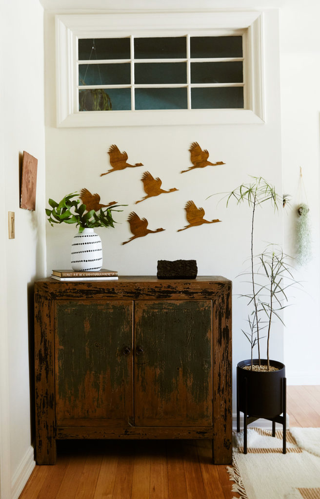 rustic cabinet, wood birds on wall, long skinny plant in corner