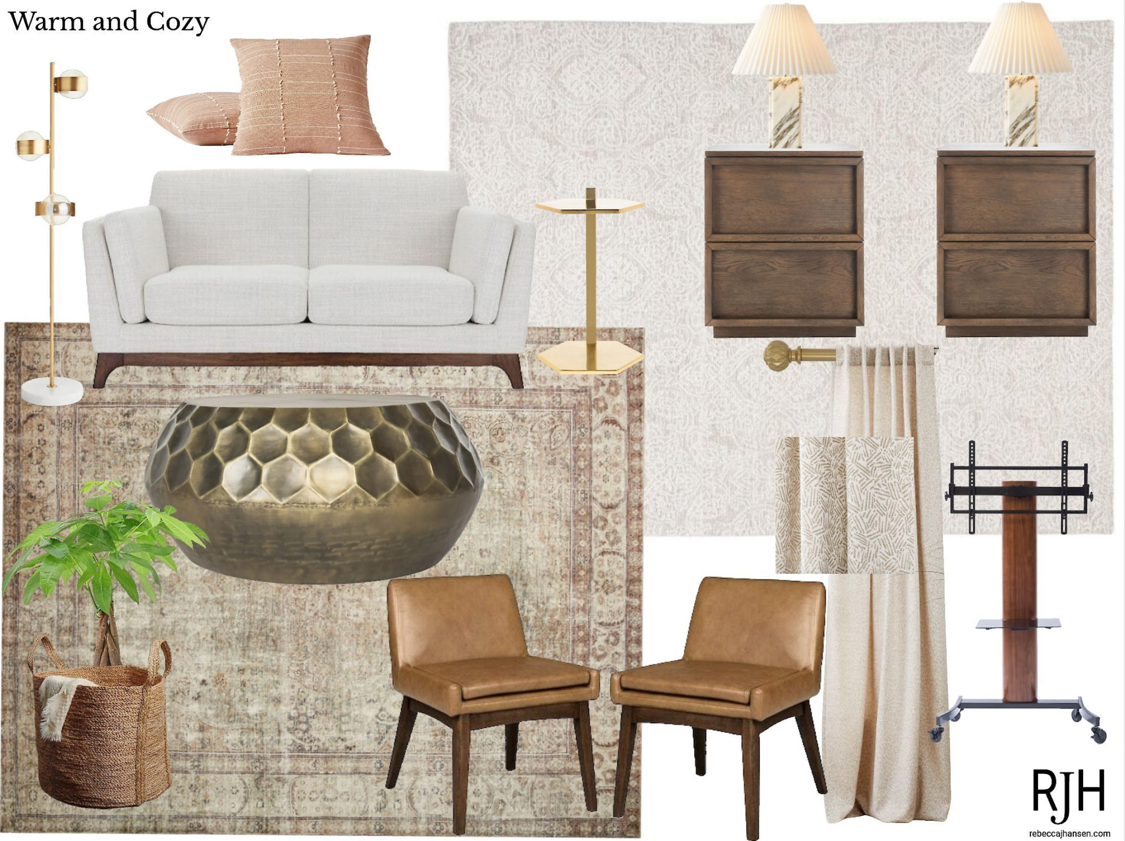 Collage of furniture, E, design sample, rugs, chair, brass, coffee, table, white sofa, walnut, nightstands, marble lamps