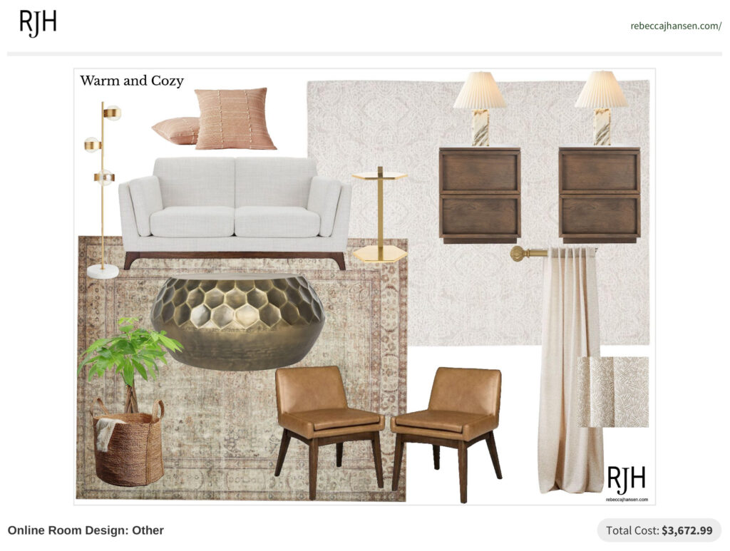 Concept design white sofa, brown leather chairs, brass coffee table, lamps, pink pillows, cream curtains, standing lamp, 2 rugs