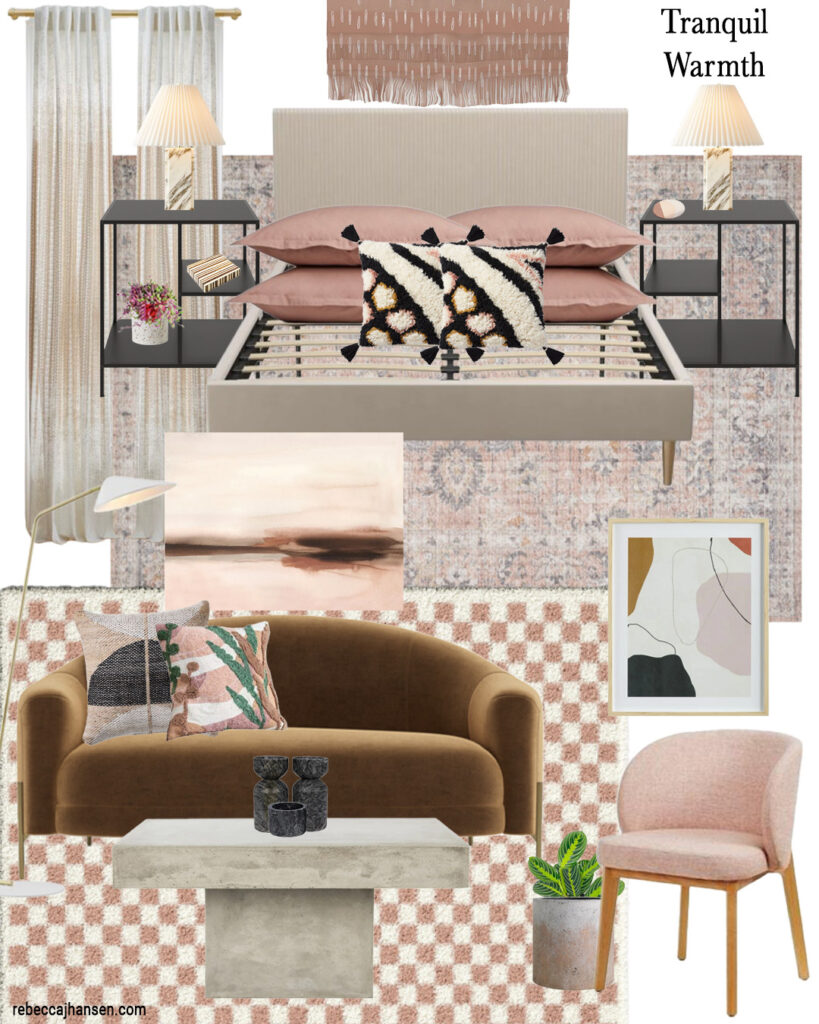 picture of room objects, brown sofa, pink chair, cream bed