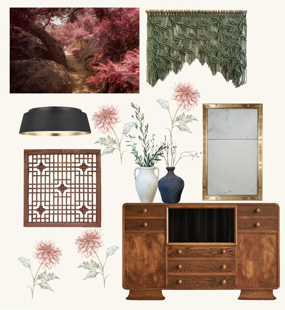 Product, layout, photography of pink trees, black light, wood square, painted pink, dahlias, antique cabinet, black and white vases, gold mirror, fringe curtains