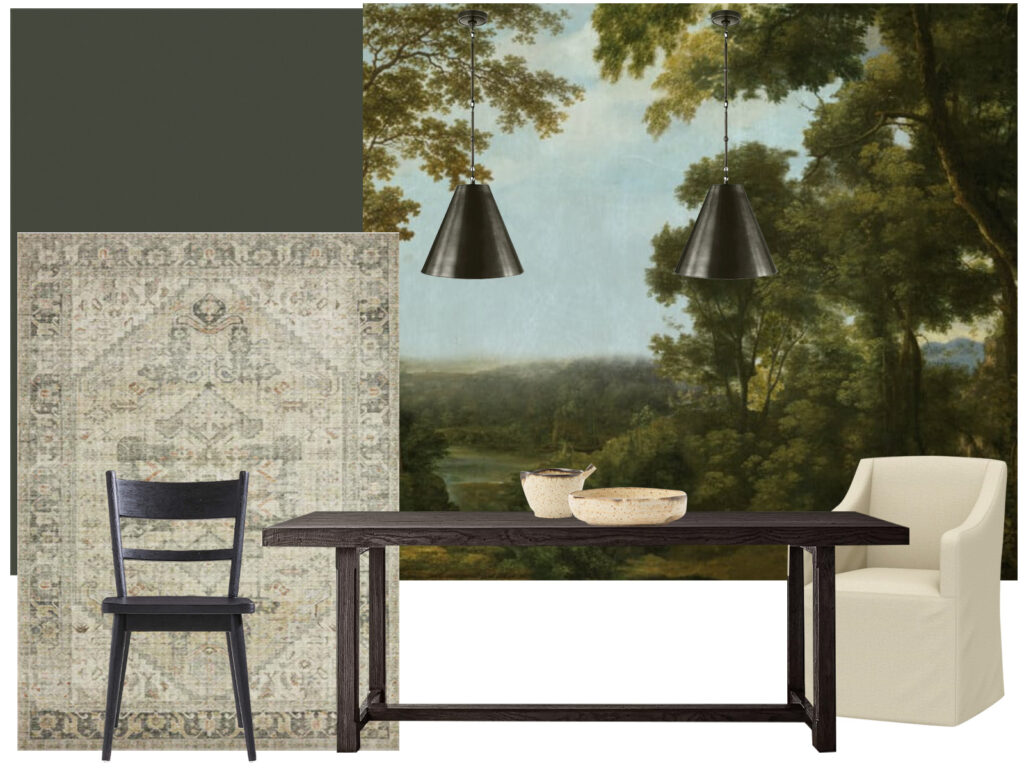 Traditional forest wallpaper, black table, black chair, upholstered chair, black pendants, Persian rug, green walls