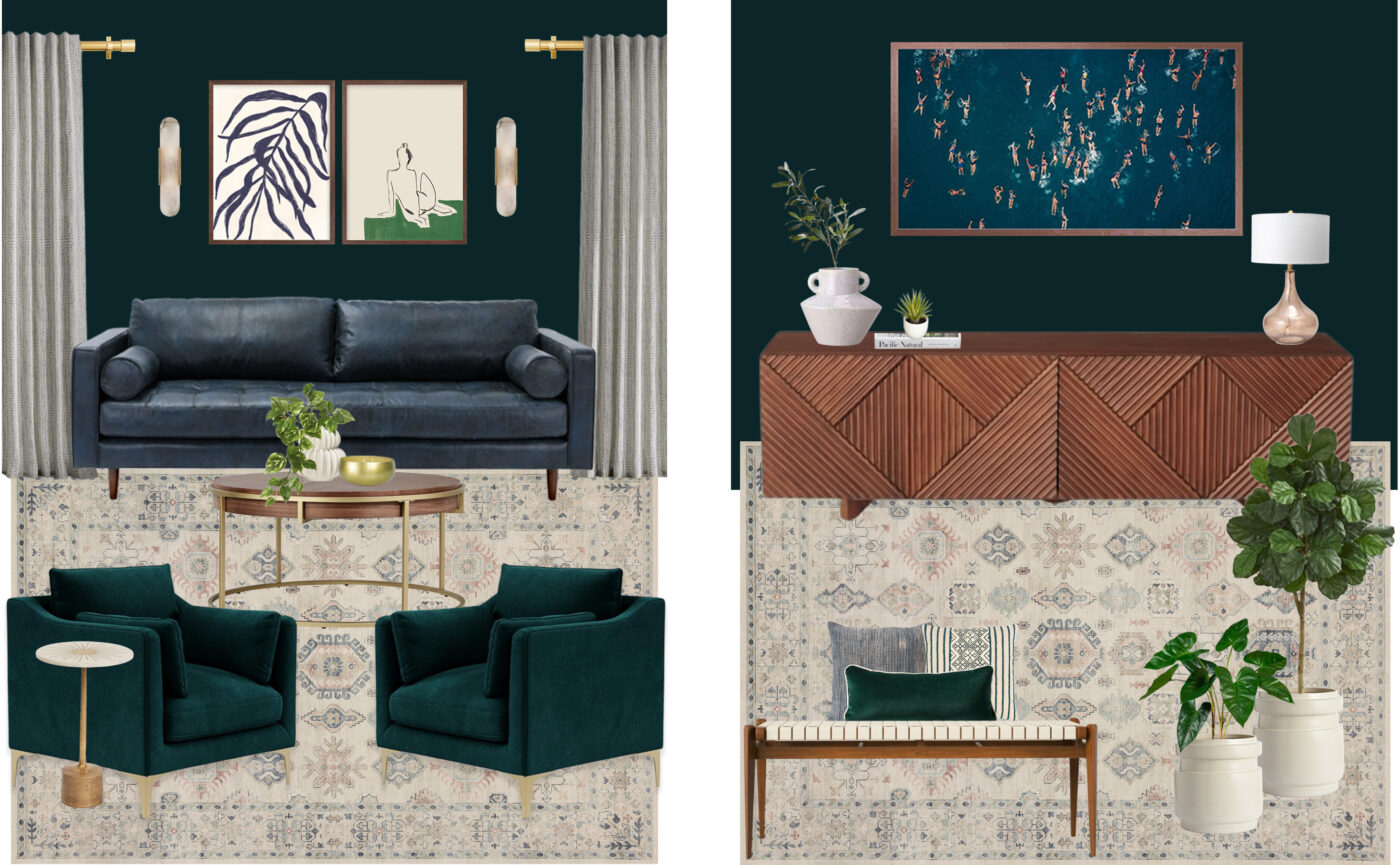 Concept design with green walls, blue sofa, walnut side table, grean chairs, bench, gold coffee table